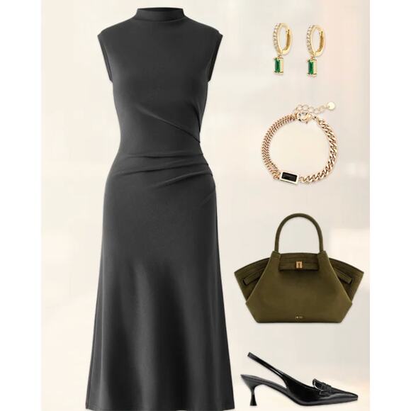 OGL Mockneck Tucks Midi Dress XS NWT - Picture 2 of 3